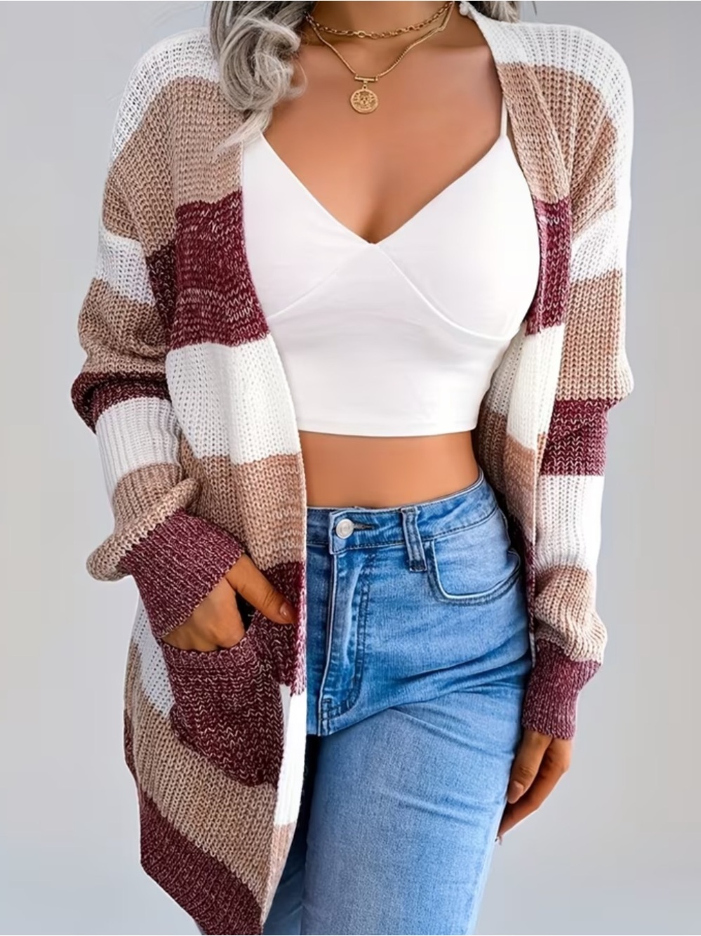 Striped Burgundy & Cream Open-Front Knit Cardigan Sweater